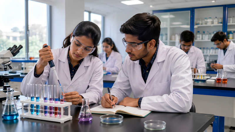 Medical laboratory students conducting tests